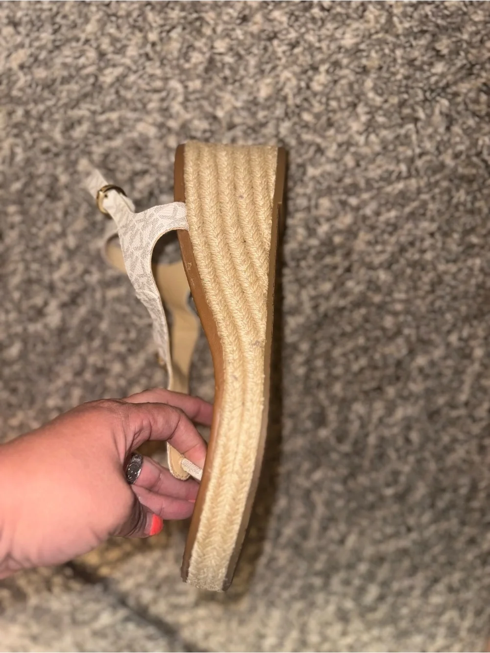 Michael Kors Beige Logo T-Strap Sandals with Gold Accent